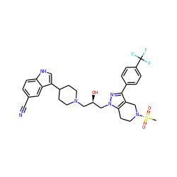 CS(=O)(=O)N1CCc2c(c(-c3ccc(C(F)(F)F)cc3)nn2C[C@H](O)CN2CCC(c3c[nH]c4ccc(C#N)cc34)CC2)C1 ZINC000003992207