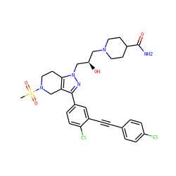 CS(=O)(=O)N1CCc2c(c(-c3ccc(Cl)c(C#Cc4ccc(Cl)cc4)c3)nn2C[C@H](O)CN2CCC(C(N)=O)CC2)C1 ZINC000049695075