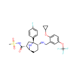 CS(=O)(=O)NC(=O)[C@@H]1C[C@@]2(c3ccc(F)cc3)N[C@H]1CC[C@H]2NCc1cc(OC(F)(F)F)ccc1OC1CC1 ZINC000101069478