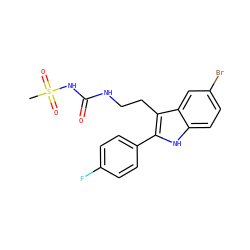 CS(=O)(=O)NC(=O)NCCc1c(-c2ccc(F)cc2)[nH]c2ccc(Br)cc12 ZINC000029041486