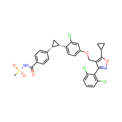 CS(=O)(=O)NC(=O)c1ccc([C@@H]2C[C@@H]2c2ccc(OCc3c(-c4c(Cl)cccc4Cl)noc3C3CC3)cc2Cl)cc1 ZINC000163876146