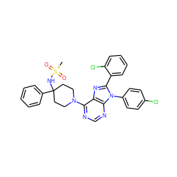 CS(=O)(=O)NC1(c2ccccc2)CCN(c2ncnc3c2nc(-c2ccccc2Cl)n3-c2ccc(Cl)cc2)CC1 ZINC000095579152