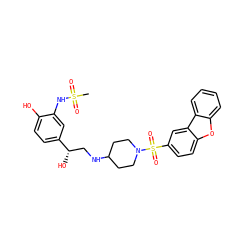 CS(=O)(=O)Nc1cc([C@@H](O)CNC2CCN(S(=O)(=O)c3ccc4oc5ccccc5c4c3)CC2)ccc1O ZINC000026279537