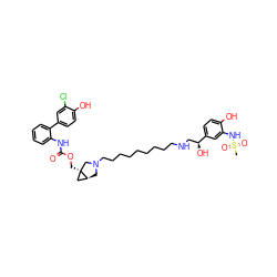 CS(=O)(=O)Nc1cc([C@@H](O)CNCCCCCCCCCN2C[C@H]3C[C@@]3(COC(=O)Nc3ccccc3-c3ccc(O)c(Cl)c3)C2)ccc1O ZINC000169323330