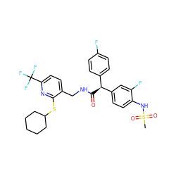 CS(=O)(=O)Nc1ccc([C@@H](C(=O)NCc2ccc(C(F)(F)F)nc2SC2CCCCC2)c2ccc(F)cc2)cc1F ZINC000139912432