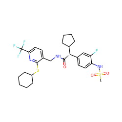 CS(=O)(=O)Nc1ccc([C@H](C(=O)NCc2ccc(C(F)(F)F)nc2SC2CCCCC2)C2CCCC2)cc1F ZINC000138769659