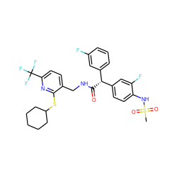 CS(=O)(=O)Nc1ccc([C@H](C(=O)NCc2ccc(C(F)(F)F)nc2SC2CCCCC2)c2cccc(F)c2)cc1F ZINC000204116929