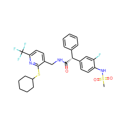 CS(=O)(=O)Nc1ccc([C@H](C(=O)NCc2ccc(C(F)(F)F)nc2SC2CCCCC2)c2ccccc2)cc1F ZINC000138722331