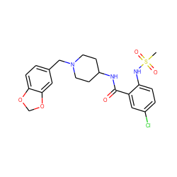 CS(=O)(=O)Nc1ccc(Cl)cc1C(=O)NC1CCN(Cc2ccc3c(c2)OCO3)CC1 ZINC000028526701