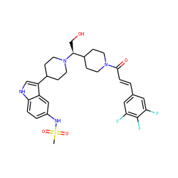 CS(=O)(=O)Nc1ccc2[nH]cc(C3CCN([C@@H](CO)C4CCN(C(=O)/C=C/c5cc(F)c(F)c(F)c5)CC4)CC3)c2c1 ZINC000029044145