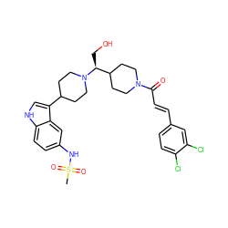 CS(=O)(=O)Nc1ccc2[nH]cc(C3CCN([C@@H](CO)C4CCN(C(=O)/C=C/c5ccc(Cl)c(Cl)c5)CC4)CC3)c2c1 ZINC000029044837