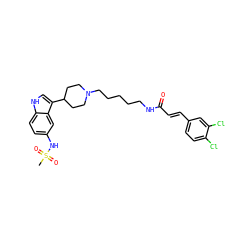 CS(=O)(=O)Nc1ccc2[nH]cc(C3CCN(CCCCCNC(=O)/C=C/c4ccc(Cl)c(Cl)c4)CC3)c2c1 ZINC000029483489