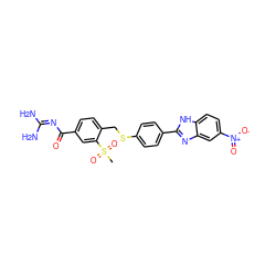 CS(=O)(=O)c1cc(C(=O)N=C(N)N)ccc1CSc1ccc(-c2nc3cc([N+](=O)[O-])ccc3[nH]2)cc1 ZINC000028819135