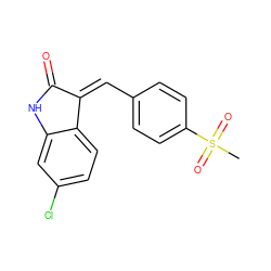 CS(=O)(=O)c1ccc(/C=C2/C(=O)Nc3cc(Cl)ccc32)cc1 ZINC000064559626