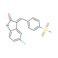 CS(=O)(=O)c1ccc(/C=C2/C(=O)Nc3ccc(F)cc32)cc1 ZINC000064549600