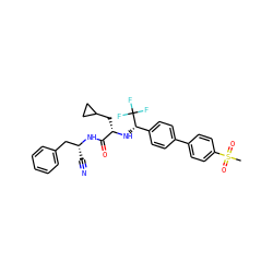 CS(=O)(=O)c1ccc(-c2ccc([C@H](N[C@@H](CC3CC3)C(=O)N[C@H](C#N)Cc3ccccc3)C(F)(F)F)cc2)cc1 ZINC000064559273