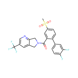 CS(=O)(=O)c1ccc(-c2ccc(F)c(F)c2)c(C(=O)N2Cc3cc(C(F)(F)F)cnc3C2)c1 ZINC000038211519