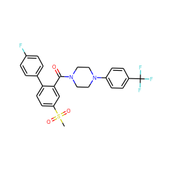 CS(=O)(=O)c1ccc(-c2ccc(F)cc2)c(C(=O)N2CCN(c3ccc(C(F)(F)F)cc3)CC2)c1 ZINC000040974555