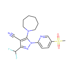 CS(=O)(=O)c1ccc(-n2nc(C(F)F)c(C#N)c2N2CCCCCC2)nc1 ZINC000028566273