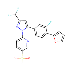 CS(=O)(=O)c1ccc(-n2nc(C(F)F)cc2-c2ccc(-c3ccco3)c(F)c2)nc1 ZINC000036338760