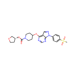 CS(=O)(=O)c1ccc(-n2ncc3c(OC4CCN(C(=O)O[C@@H]5CCOC5)CC4)ncnc32)cc1 ZINC000071317553