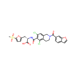 CS(=O)(=O)c1ccc(C[C@H](NC(=O)c2c(Cl)cc3c(c2Cl)CCN(C(=O)c2ccc4ccoc4c2)C3)C(=O)O)o1 ZINC000066112051