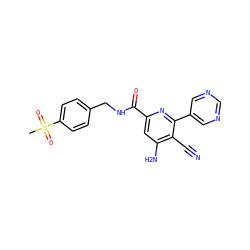 CS(=O)(=O)c1ccc(CNC(=O)c2cc(N)c(C#N)c(-c3cncnc3)n2)cc1 ZINC000038151273