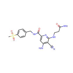 CS(=O)(=O)c1ccc(CNC(=O)c2cc(N)c(C#N)c(NCCC(N)=O)n2)cc1 ZINC000038151260