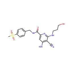 CS(=O)(=O)c1ccc(CNC(=O)c2cc(N)c(C#N)c(NCCCO)n2)cc1 ZINC000038145044