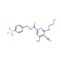 CS(=O)(=O)c1ccc(CNC(=O)c2cc(N)c(C#N)c(NCCO)n2)cc1 ZINC000038151256