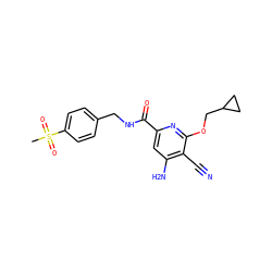 CS(=O)(=O)c1ccc(CNC(=O)c2cc(N)c(C#N)c(OCC3CC3)n2)cc1 ZINC000034802952