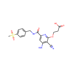 CS(=O)(=O)c1ccc(CNC(=O)c2cc(N)c(C#N)c(OCCC(=O)O)n2)cc1 ZINC000040429370