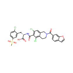 CS(=O)(=O)c1ccc(Cl)c(C[C@H](NC(=O)c2c(Cl)cc3c(c2Cl)CCN(C(=O)c2ccc4ccoc4c2)C3)C(=O)O)c1 ZINC000084654206