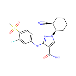 CS(=O)(=O)c1ccc(Nc2nn([C@@H]3CCCC[C@@H]3C#N)cc2C(N)=O)cc1F ZINC000221149809