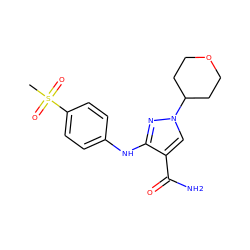 CS(=O)(=O)c1ccc(Nc2nn(C3CCOCC3)cc2C(N)=O)cc1 ZINC000653718790