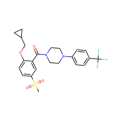 CS(=O)(=O)c1ccc(OCC2CC2)c(C(=O)N2CCN(c3ccc(C(F)(F)F)cc3)CC2)c1 ZINC000040975883