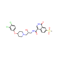 CS(=O)(=O)c1ccc2c(C(=O)NC[C@@H](O)CN3CCC(Oc4ccc(Cl)c(Cl)c4)CC3)c[nH]c(=O)c2c1 ZINC000095562183