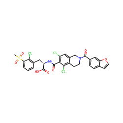 CS(=O)(=O)c1cccc(C[C@H](NC(=O)c2c(Cl)cc3c(c2Cl)CCN(C(=O)c2ccc4ccoc4c2)C3)C(=O)O)c1Cl ZINC000084668740