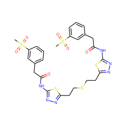 CS(=O)(=O)c1cccc(CC(=O)Nc2nnc(CCSCCc3nnc(NC(=O)Cc4cccc(S(C)(=O)=O)c4)s3)s2)c1 ZINC000169697919