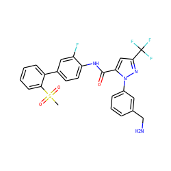 CS(=O)(=O)c1ccccc1-c1ccc(NC(=O)c2cc(C(F)(F)F)nn2-c2cccc(CN)c2)c(F)c1 ZINC000001490578