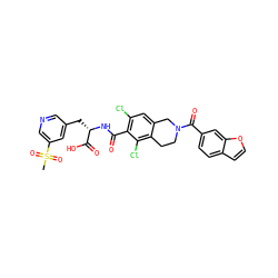 CS(=O)(=O)c1cncc(C[C@H](NC(=O)c2c(Cl)cc3c(c2Cl)CCN(C(=O)c2ccc4ccoc4c2)C3)C(=O)O)c1 ZINC000084670134