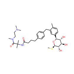 CS[C@H]1O[C@@H](c2ccc(C)c(Cc3ccc(CCCC(=O)NC(C)(C)C(=O)N(C)CCN(C)C)cc3)c2)[C@H](O)[C@@H](O)[C@@H]1O ZINC001772587929