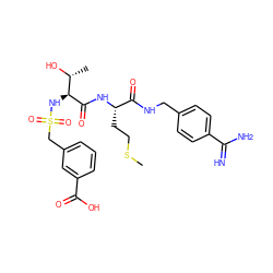 CSCC[C@H](NC(=O)[C@@H](NS(=O)(=O)Cc1cccc(C(=O)O)c1)[C@@H](C)O)C(=O)NCc1ccc(C(=N)N)cc1 ZINC000042834860