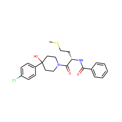 CSCC[C@H](NC(=O)c1ccccc1)C(=O)N1CCC(O)(c2ccc(Cl)cc2)CC1 ZINC000095579819