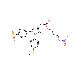 CSc1ccc(-n2c(-c3ccc(S(C)(=O)=O)cc3)cc(CC(=O)OCCCO[N+](=O)[O-])c2C)cc1 ZINC000082157837