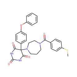 CSc1ccc(C(=O)N2CCCN(C3(c4ccc(Oc5ccccc5)cc4)C(=O)NC(=O)NC3=O)CC2)cc1 ZINC000072107686