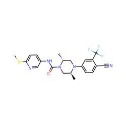 CSc1ccc(NC(=O)N2C[C@H](C)N(c3ccc(C#N)c(C(F)(F)F)c3)C[C@H]2C)cn1 ZINC000013679720