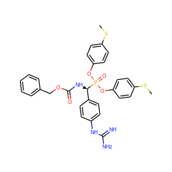 CSc1ccc(OP(=O)(Oc2ccc(SC)cc2)[C@H](NC(=O)OCc2ccccc2)c2ccc(NC(=N)N)cc2)cc1 ZINC000034633584