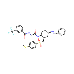 CSc1ccc(S(=O)(=O)C[C@@H]2C[C@H](NCc3ccccc3)CC[C@@H]2NC(=O)CNC(=O)c2cccc(C(F)(F)F)c2)cc1 ZINC000049841099