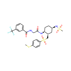 CSc1ccc(S(=O)(=O)C[C@@H]2C[C@H](NS(C)(=O)=O)CC[C@@H]2NC(=O)CNC(=O)c2cccc(C(F)(F)F)c2)cc1 ZINC000042920246